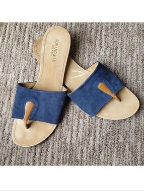 LEATHER SANDALS MADE IN ITALY TOE POST THONG WIDE STRAP CASUAL TAN BLUE  8.5